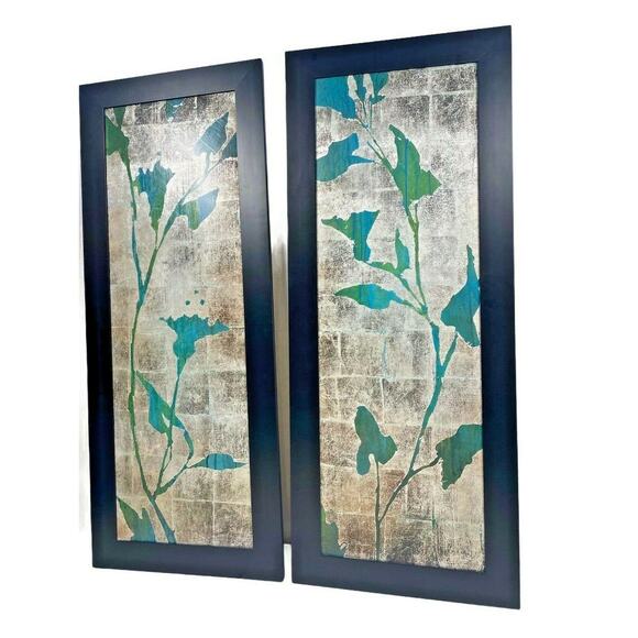 2 Botanical Gardens Green Leaf Foiled Silver Black Framed Wall Art 39"x16" - Picture 2 of 12